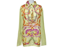 Load image into Gallery viewer, HERMES エルメス ツイルレーヌ 長袖ポロシャツ サイズL カレ シルク コットン ライムグリーン ヴィンテージ 美品 中古 4b002963