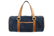 画像をギャラリービューアに読み込む, CELINE セリーヌ ハンドバッグ Cマカダム ロゴ金具 筒型 CE00/12 レザー スエード ネイビー ブラウン ゴールド金具 美品 中古 4b002977