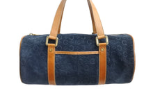 画像をギャラリービューアに読み込む, CELINE セリーヌ ハンドバッグ Cマカダム ロゴ金具 筒型 CE00/12 レザー スエード ネイビー ブラウン ゴールド金具 美品 中古 4b002977