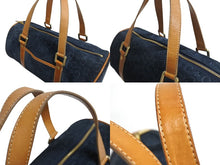 画像をギャラリービューアに読み込む, CELINE セリーヌ ハンドバッグ Cマカダム ロゴ金具 筒型 CE00/12 レザー スエード ネイビー ブラウン ゴールド金具 美品 中古 4b002977