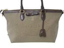 画像をギャラリービューアに読み込む, PRADA プラダ ロゴジャガード トートバッグ ハンドバッグ 1BA104 トライアングルロゴ カーキベージュ ブラック 美品 中古 4b002984