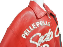 画像をギャラリービューアに読み込む, pellepelle ペレペレ SODA CLUB ソーダクラブ レザージャケット サイズ42 パッチ スタッズ ラインストーン レッド ブラック 美品 中古 4b003184