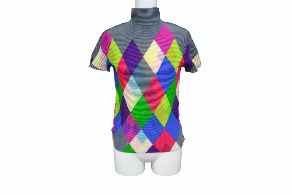 me ISSEY MIYAKE Argyle pattern pleated high neck waffle blouse MI71FK245 Multicolor Good used 4b003192