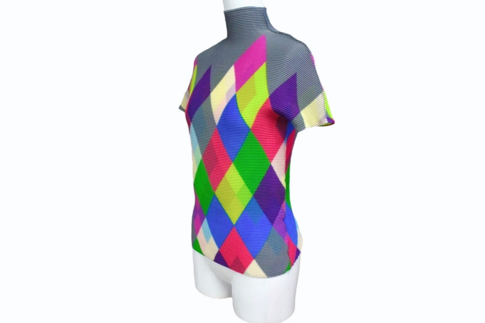 me ISSEY MIYAKE Argyle pattern pleated high neck waffle blouse MI71FK245 Multicolor Good used 4b003192