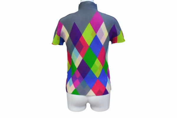 me ISSEY MIYAKE ミー イッセイミヤケ アーガイル柄 プリーツ ハイネック ワッフルブラウス MI71FK245 マルチカラー 良品 中古 4b003192