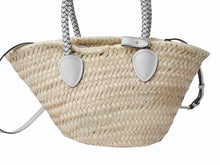 Load image into Gallery viewer, 極美品 MIUMIU ミュウミュウ かごバッグ 2WAYバッグ 5BG273 ラフィア レザー ロゴパッチ ベージュ ホワイト ゴールド金具 中古 4b003240