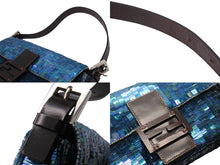 画像をギャラリービューアに読み込む, FENDI フェンディ マンマバケット ワンショルダーバッグ 26424 スパンコール ビーズ ブルー シルバー金具 美品 中古 4b003243