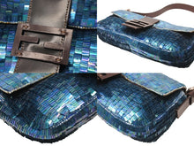 画像をギャラリービューアに読み込む, FENDI フェンディ マンマバケット ワンショルダーバッグ 26424 スパンコール ビーズ ブルー シルバー金具 美品 中古 4b003243