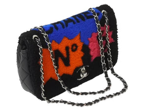 Very Good Condition CHANEL Chanel Act 2 Full Flap W Chain Shoulder Bag 20th Series Coco Mark Leather Fur Black Silver Hardware Used 4b003249