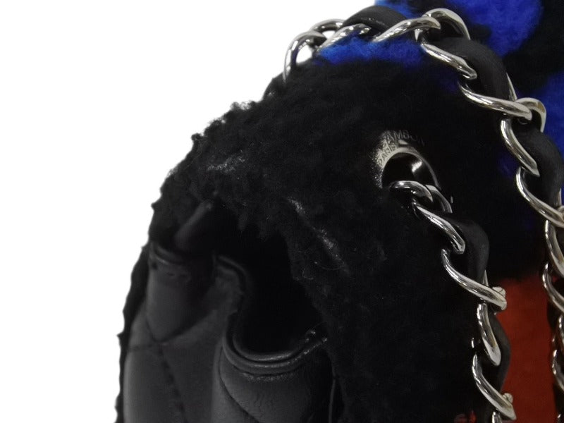 Very Good Condition CHANEL Chanel Act 2 Full Flap W Chain Shoulder Bag 20th Series Coco Mark Leather Fur Black Silver Hardware Used 4b003249