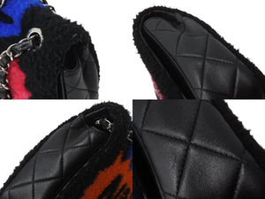 Very Good Condition CHANEL Chanel Act 2 Full Flap W Chain Shoulder Bag 20th Series Coco Mark Leather Fur Black Silver Hardware Used 4b003249