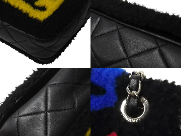 Very Good Condition CHANEL Chanel Act 2 Full Flap W Chain Shoulder Bag 20th Series Coco Mark Leather Fur Black Silver Hardware Used 4b003249