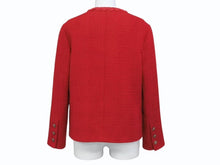 画像をギャラリービューアに読み込む, 極美品 CHANEL シャネル ノーカラー ツイードジャケット P77692V60404 サイズ36 ウール ラインストーン レッド 中古 4b003296