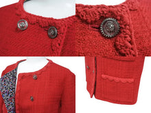 画像をギャラリービューアに読み込む, 極美品 CHANEL シャネル ノーカラー ツイードジャケット P77692V60404 サイズ36 ウール ラインストーン レッド 中古 4b003296