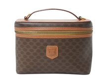 画像をギャラリービューアに読み込む, CELINE セリーヌ マカダム柄 ハンドバッグ バニティバック 化粧ポーチ PVC レザー DM95 ブラウン ゴールド金具 美品 中古 4b003433