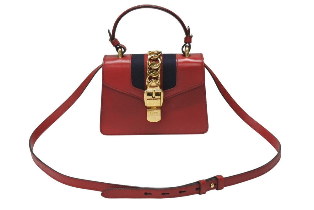 GUCCI グッチ シルヴィ ミニ 2WAY ハンドバッグ ショルダーバッグ 470270 レザー レッド ネイビー ゴールド金具 美品 中古 4b003445