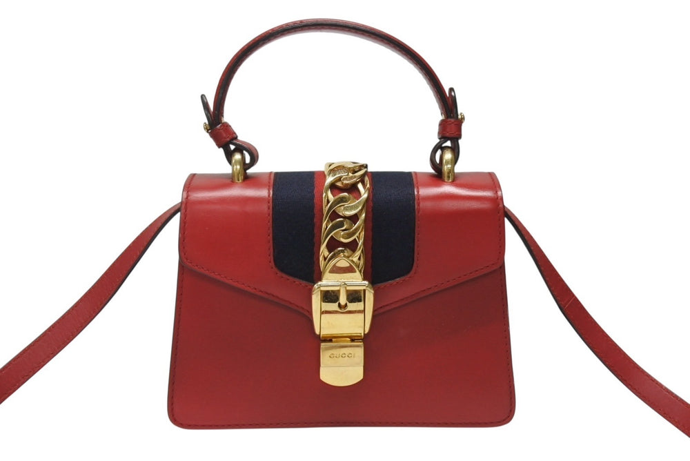 GUCCI グッチ シルヴィ ミニ 2WAY ハンドバッグ ショルダーバッグ 470270 レザー レッド ネイビー ゴールド金具 美品 中古 4b003445