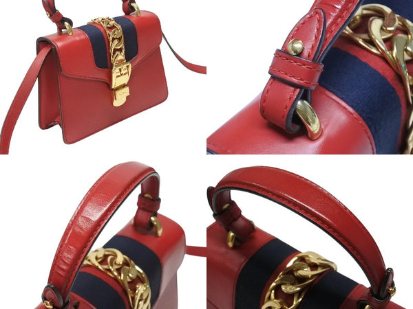 GUCCI グッチ シルヴィ ミニ 2WAY ハンドバッグ ショルダーバッグ 470270 レザー レッド ネイビー ゴールド金具 美品 中古 4b003445