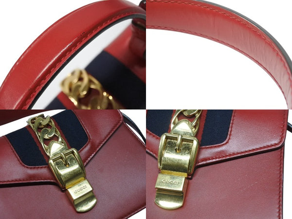 GUCCI グッチ シルヴィ ミニ 2WAY ハンドバッグ ショルダーバッグ 470270 レザー レッド ネイビー ゴールド金具 美品 中古 4b003445