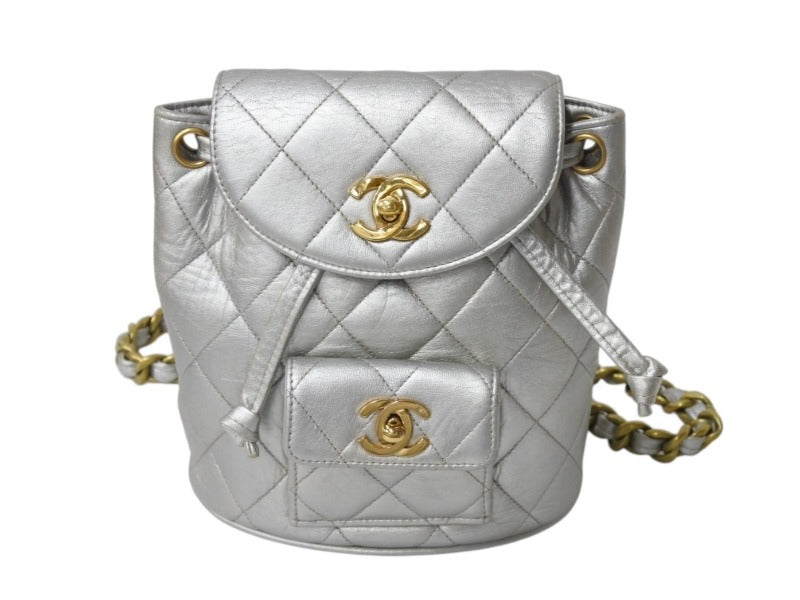 CHANEL Vintage Matelasse Rucksack Backpack No. 2 Coco Mark Silver Gold Hardware Good Condition Used 4b003522