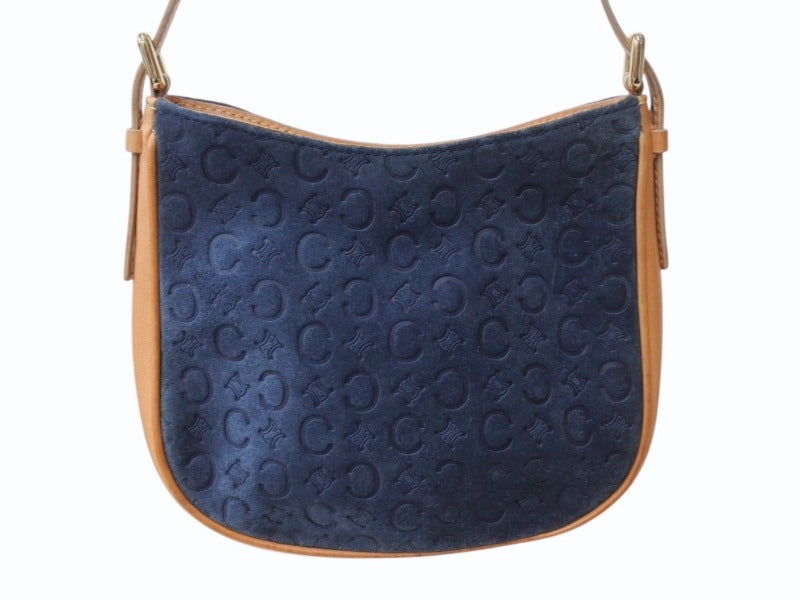 CELINE One Shoulder Bag CE00/12 Macadam Suede Leather Navy Brown Gold Hardware Good Condition Used 4b003572