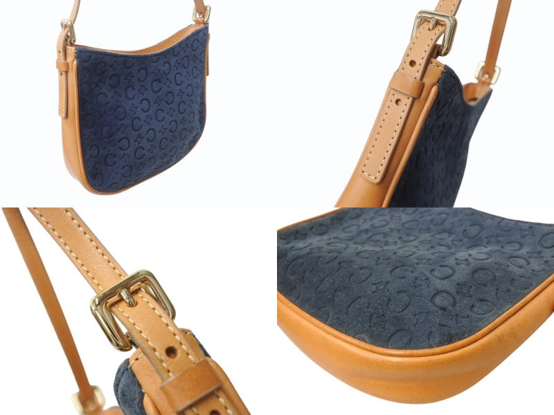 CELINE One Shoulder Bag CE00/12 Macadam Suede Leather Navy Brown Gold Hardware Good Condition Used 4b003572