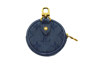 極美品 LOUIS VUITTON ルイヴィトン モノグラム デニム ラウンドポーチ M68290 バックチャーム キーホルダー ネイビー ゴールド金具 中古 4b003585