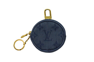 極美品 LOUIS VUITTON ルイヴィトン モノグラム デニム ラウンドポーチ M68290 バックチャーム キーホルダー ネイビー ゴールド金具 中古 4b003585