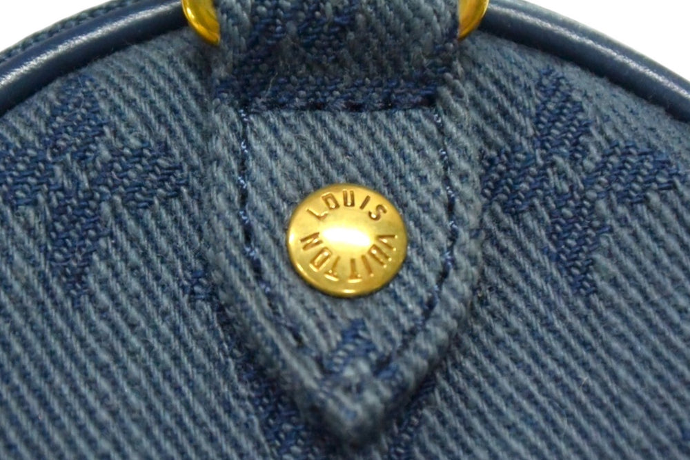 Very Good Condition LOUIS VUITTON Monogram Denim Round Pouch M68290 Back Charm Keychain Navy Gold Hardware Used 4b003585
