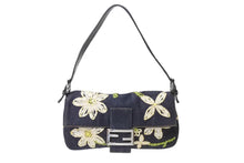 画像をギャラリービューアに読み込む, FENDI フェンディ フラワー デニム マンマバケット エンブロイダリー ワンショルダーバッグ 26424 刺繍 ネイビー シルバー金具 美品 中古 4b003591