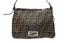 画像をギャラリービューアに読み込む, FENDI フェンディ マンマバケット ショルダーバッグ ズッカ柄 コットンキャンバス レザー ブラウン シルバー金具 美品 中古 4b003683