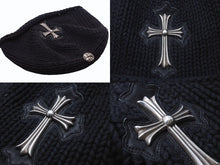 Load image into Gallery viewer, CHROME HEARTS クロムハーツ ラージクロス ビーニー ニット帽 カシミヤ シルバー925 カーフレザー ブラック ONE SIZE 美品 中古 4b003722