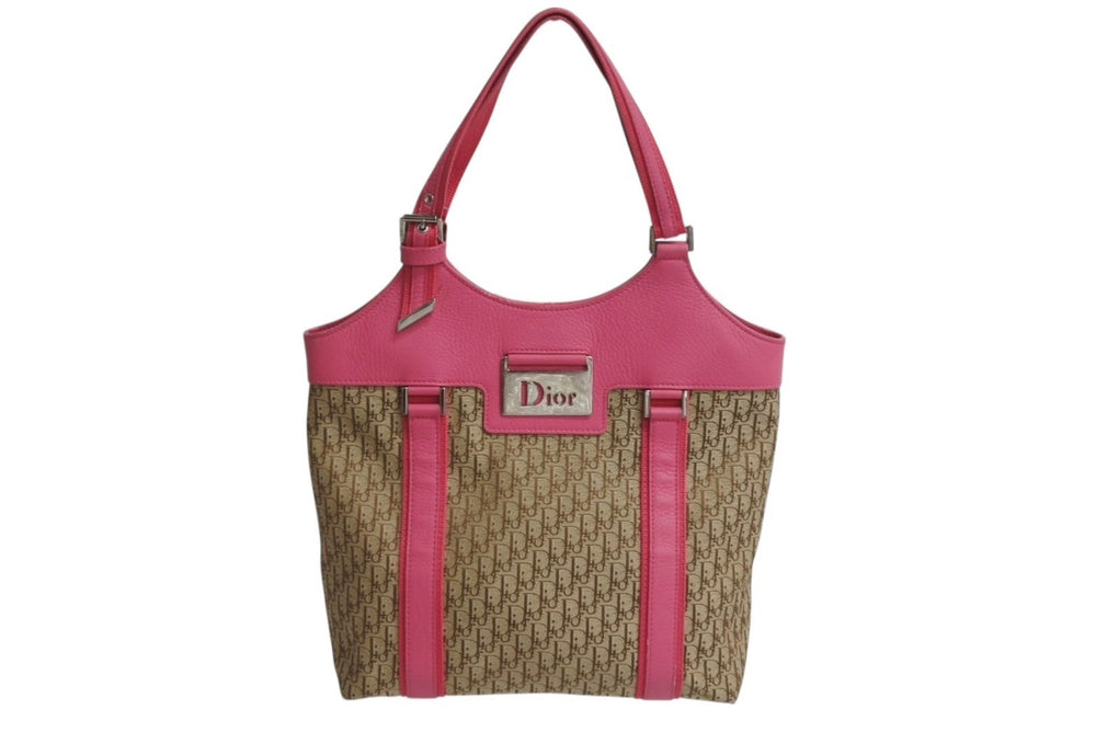 Christian Dior Handbag Trotter Logo Plate 09-BO-0095 Khaki Pink Canvas Leather Good Condition Used 4b003736