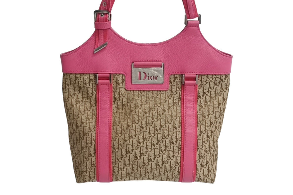 Christian Dior Handbag Trotter Logo Plate 09-BO-0095 Khaki Pink Canvas Leather Good Condition Used 4b003736