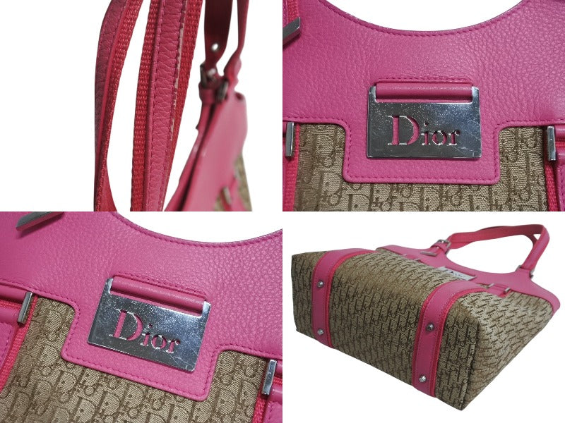 Christian Dior クリスチャンディオール ハンドバッグ トロッター ロゴプレート 09-BO-0095 カーキ ピンク キャンバス レザー 美品 中古 4b003736