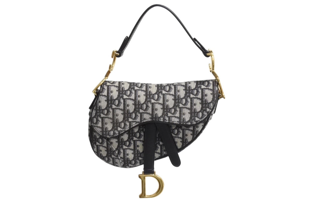 極美品 Christian Dior クリスチャンディオール サドルバッグ ミニ ハンドバッグ オブリーク キャンバス レザー ネイビー ゴールド金具 中古 4b003760