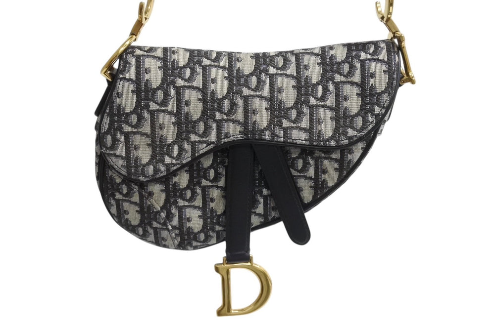 極美品 Christian Dior クリスチャンディオール サドルバッグ ミニ ハンドバッグ オブリーク キャンバス レザー ネイビー ゴールド金具 中古 4b003760