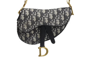 極美品 Christian Dior クリスチャンディオール サドルバッグ ミニ ハンドバッグ オブリーク キャンバス レザー ネイビー ゴールド金具 中古 4b003760