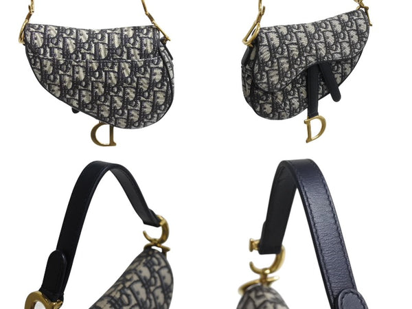 極美品 Christian Dior クリスチャンディオール サドルバッグ ミニ ハンドバッグ オブリーク キャンバス レザー ネイビー ゴールド金具 中古 4b003760