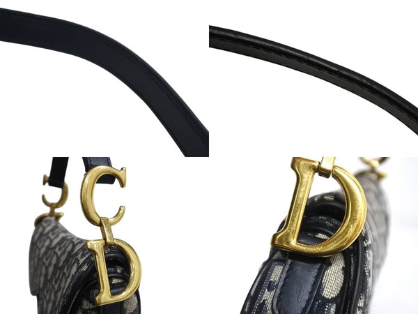 極美品 Christian Dior クリスチャンディオール サドルバッグ ミニ ハンドバッグ オブリーク キャンバス レザー ネイビー ゴールド金具 中古 4b003760