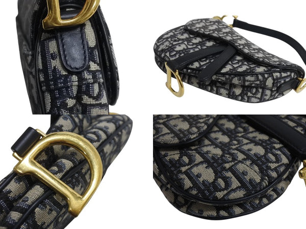 極美品 Christian Dior クリスチャンディオール サドルバッグ ミニ ハンドバッグ オブリーク キャンバス レザー ネイビー ゴールド金具 中古 4b003760