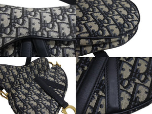 極美品 Christian Dior クリスチャンディオール サドルバッグ ミニ ハンドバッグ オブリーク キャンバス レザー ネイビー ゴールド金具 中古 4b003760