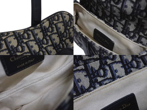 極美品 Christian Dior クリスチャンディオール サドルバッグ ミニ ハンドバッグ オブリーク キャンバス レザー ネイビー ゴールド金具 中古 4b003760