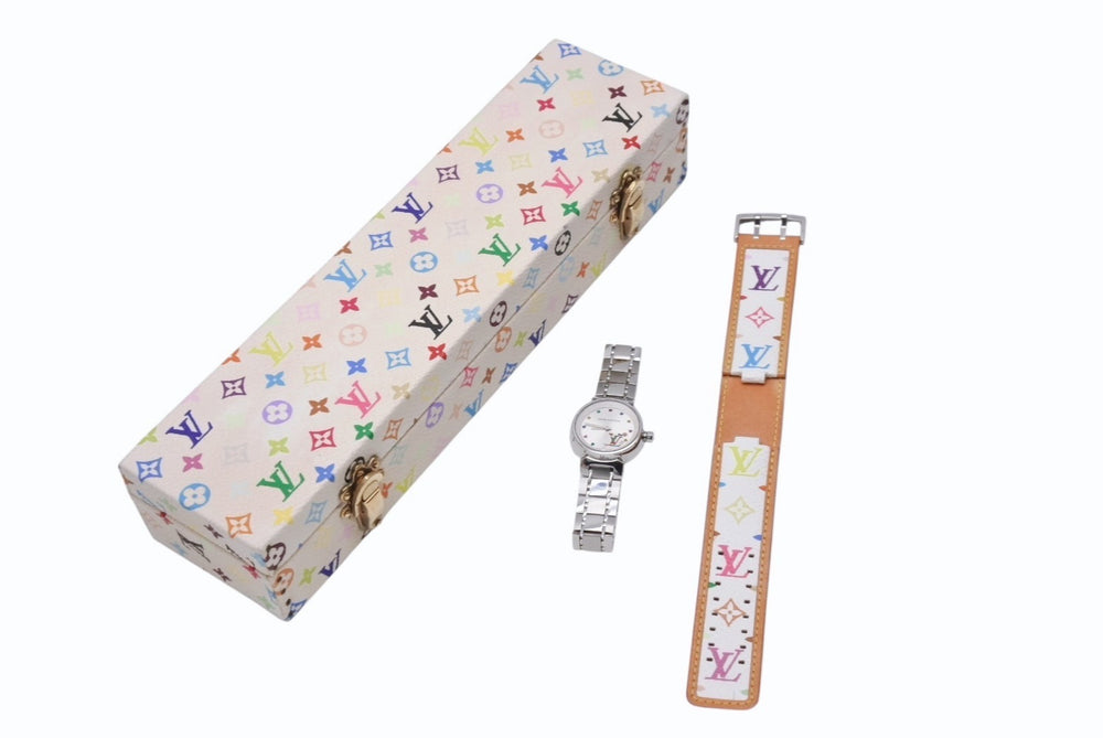極美品 世界500本限定 LOUIS VUITTON ルイヴィトン 村上隆 腕時計 タンブールラブ Q12130 レザー ステンレススチール シルバー マルチカラー 中古 4b003936