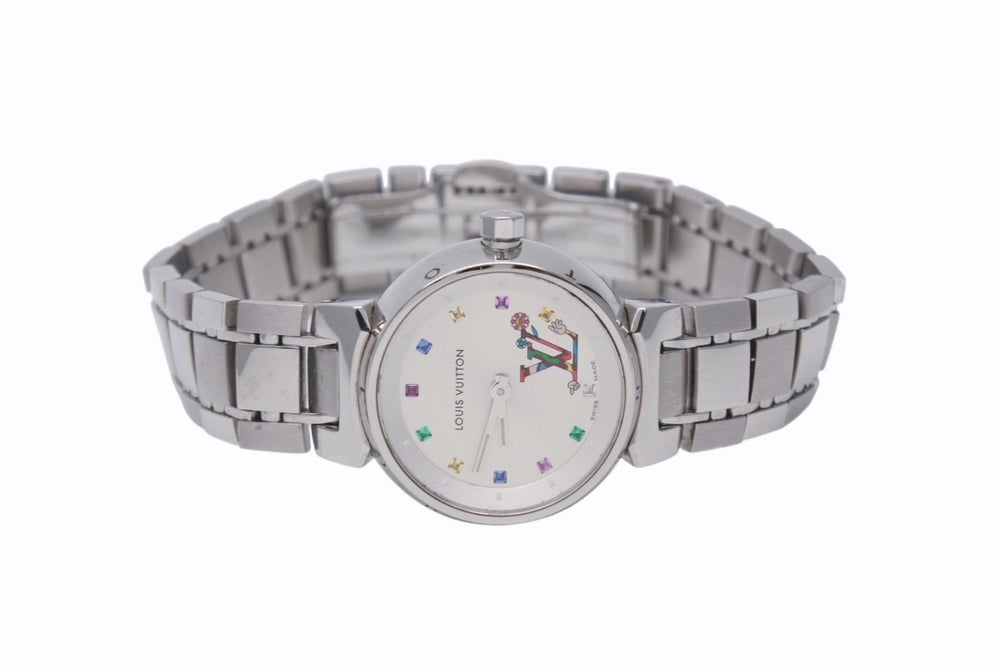 Very Good Condition Limited to 500 pieces worldwide LOUIS VUITTON Takashi Murakami Watch Tambour Love Q12130 Leather Stainless Steel Silver Multicolor Used 4b003936
