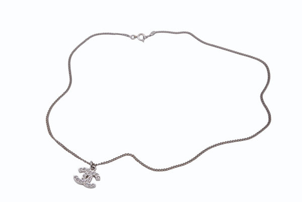 Very Good Condition CHANEL Coco Mark Necklace Rhinestone Accessory 06V Engraved Metal Silver 4g Used 4b003942