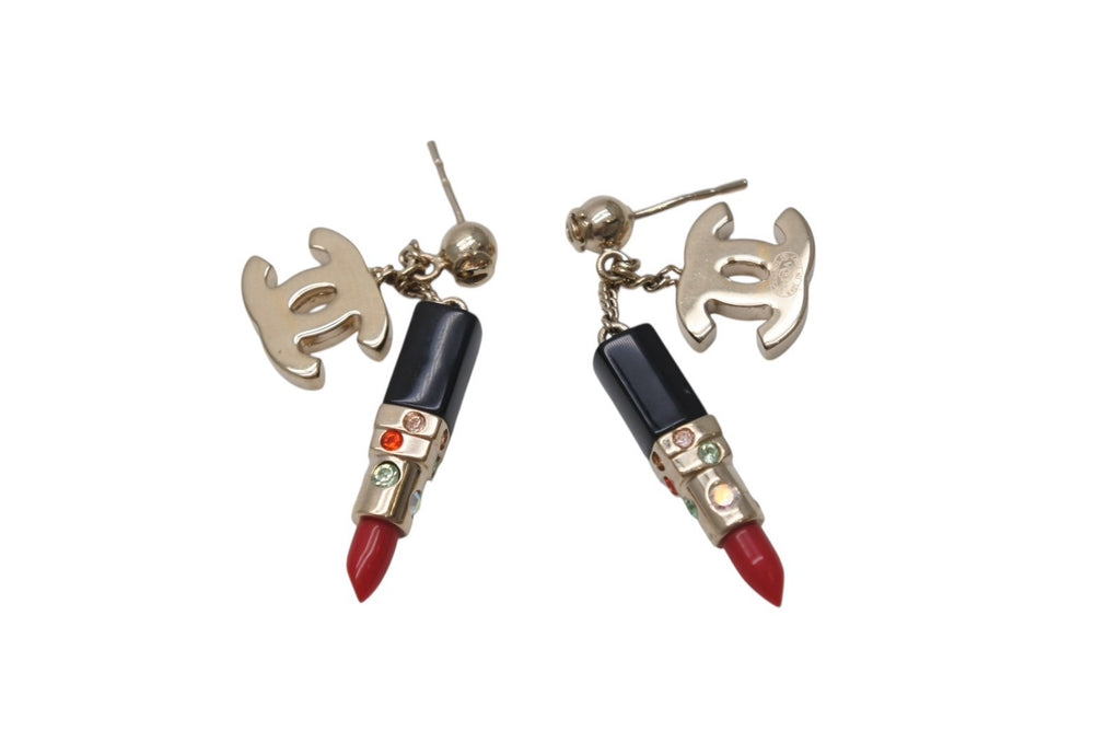 極美品 CHANEL シャネル ピアス ココマーク リップスティック ピアス 両耳 04A刻印 8.6g GP ゴールド ブラック レッド 中古 4b003957