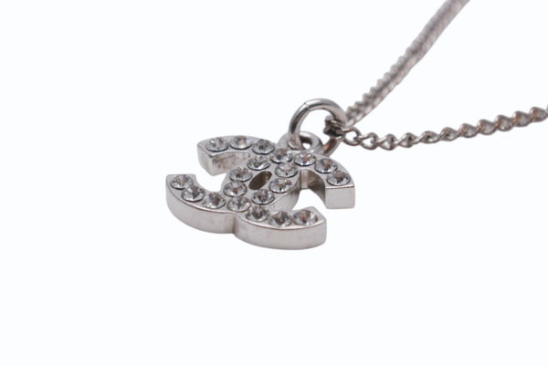 Very Good Condition CHANEL Coco Mark Necklace Rhinestone Accessory 06V Engraved Metal Silver 4g Used 4b003942