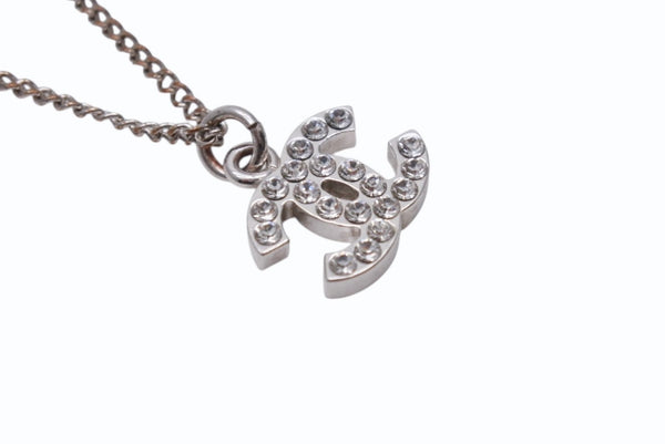 Very Good Condition CHANEL Coco Mark Necklace Rhinestone Accessory 06V Engraved Metal Silver 4g Used 4b003942