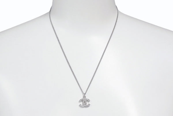 Very Good Condition CHANEL Coco Mark Necklace Rhinestone Accessory 06V Engraved Metal Silver 4g Used 4b003942